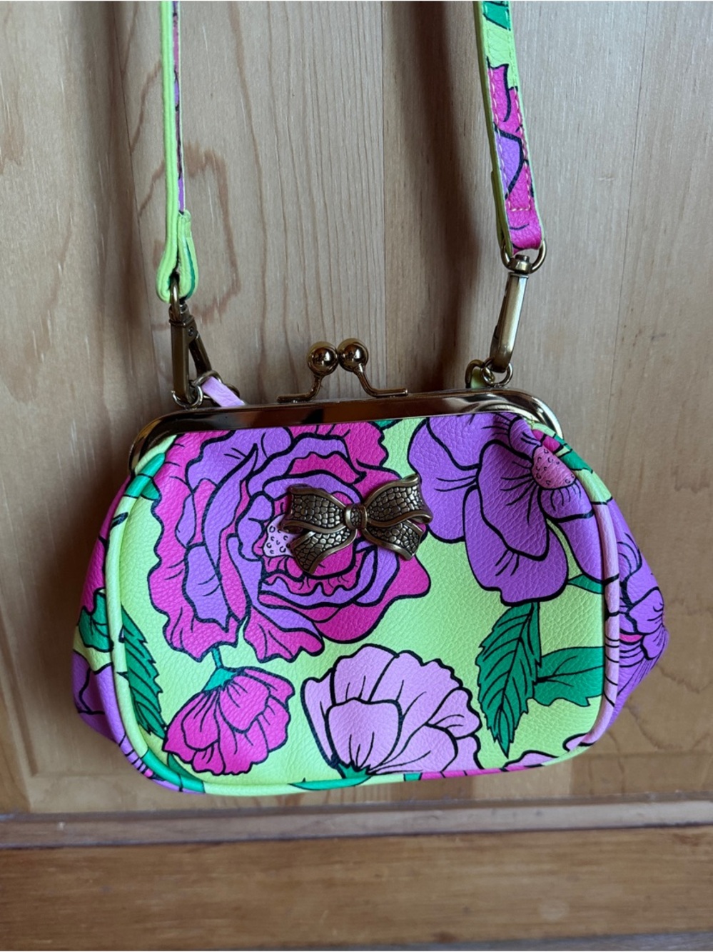 Betsey Johnson Floral Kiss-Lock Crossbody bag- Neon Pink & Lime